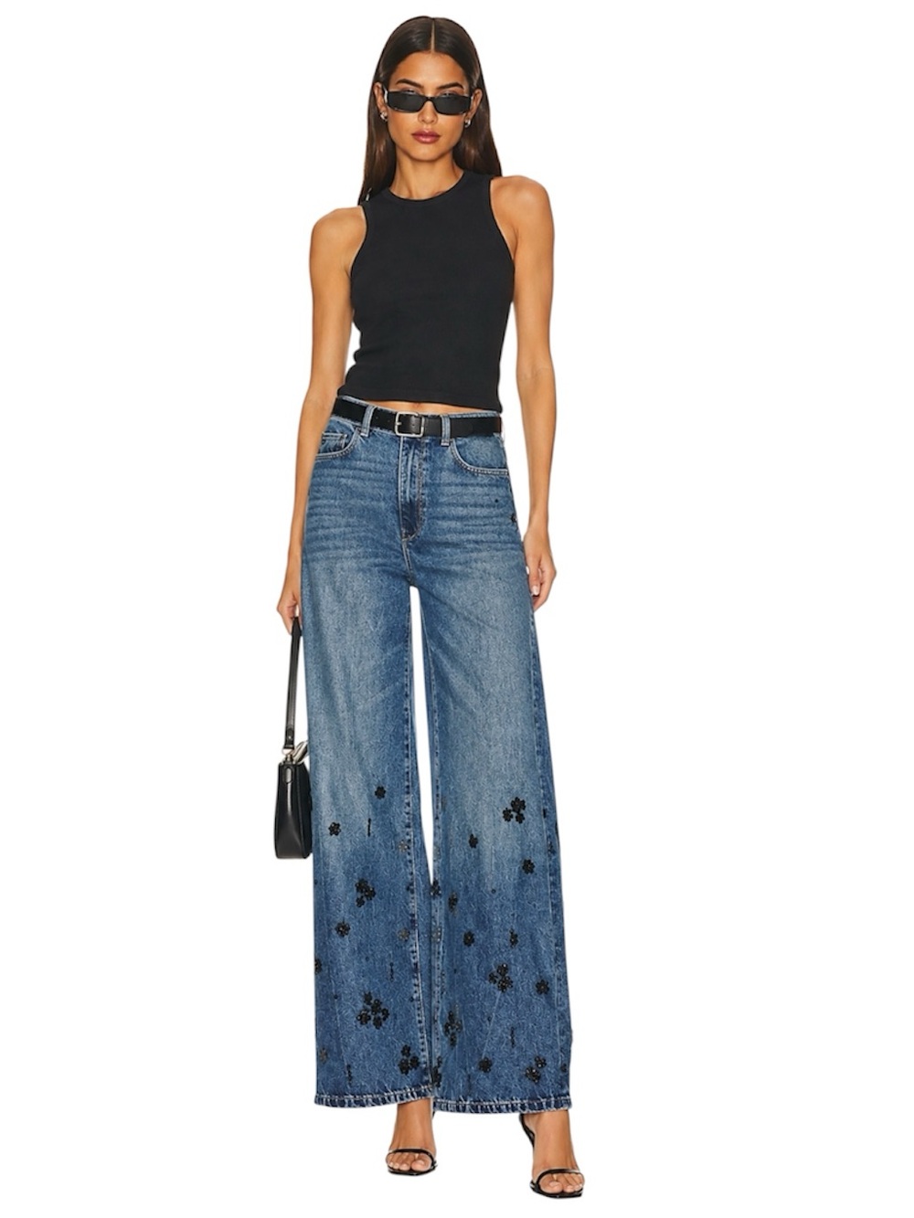 DL1961 Hepburn Embellished Wide Leg High Rise Crystal Floral 32 Medium Wash